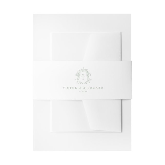 Sage Green Crest Monogram Wedding Invitation Belly Band (Front Example)