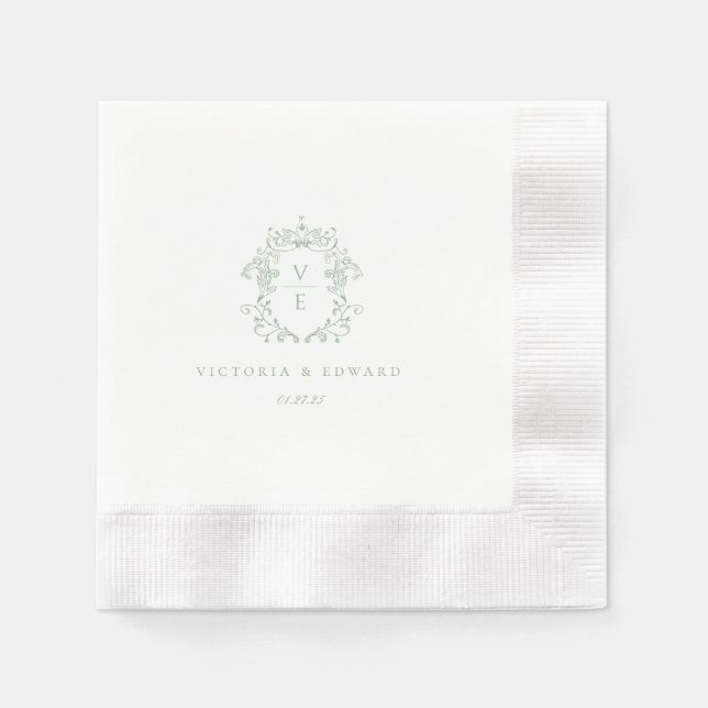 Sage Green Crest Monogram Wedding Napkin (Front)