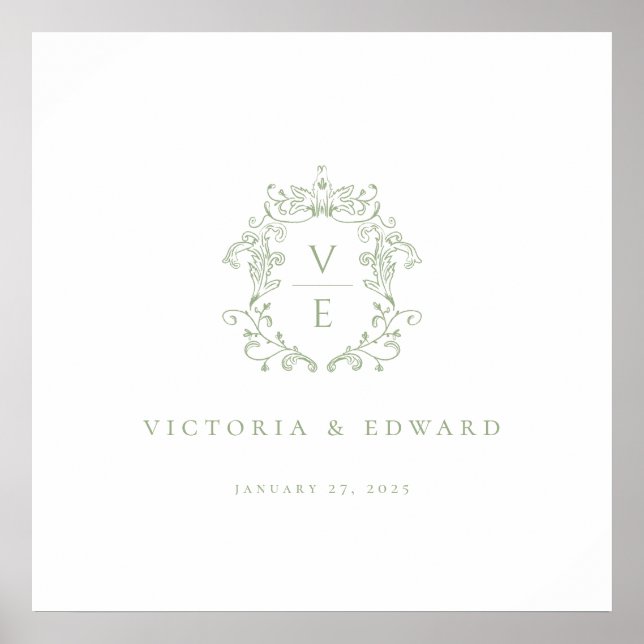 Sage Green Crest Monogram Wedding Poster (Front)