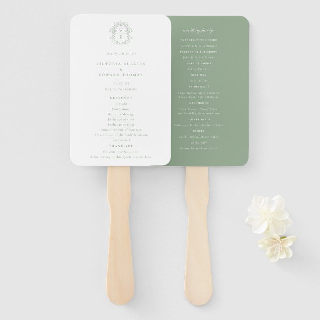Sage Green Crest Monogram Wedding Program Hand Fan (Front and Back)