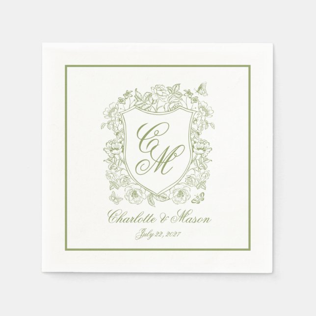Sage Green Crest Script Wedding Napkins (Front)