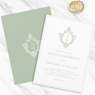 Sage Green Crest Vintage Formal Wedding Monogram  Invitation