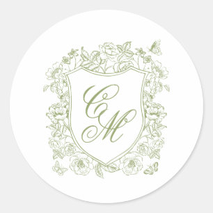 Sage Green Crest Wedding Round Sticker