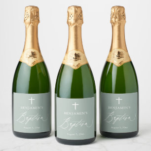 Sage Green Cross Baptism Champagne Bottle Labels