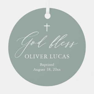 Sage Green Cross Boy Baptism Ceramic Ornament
