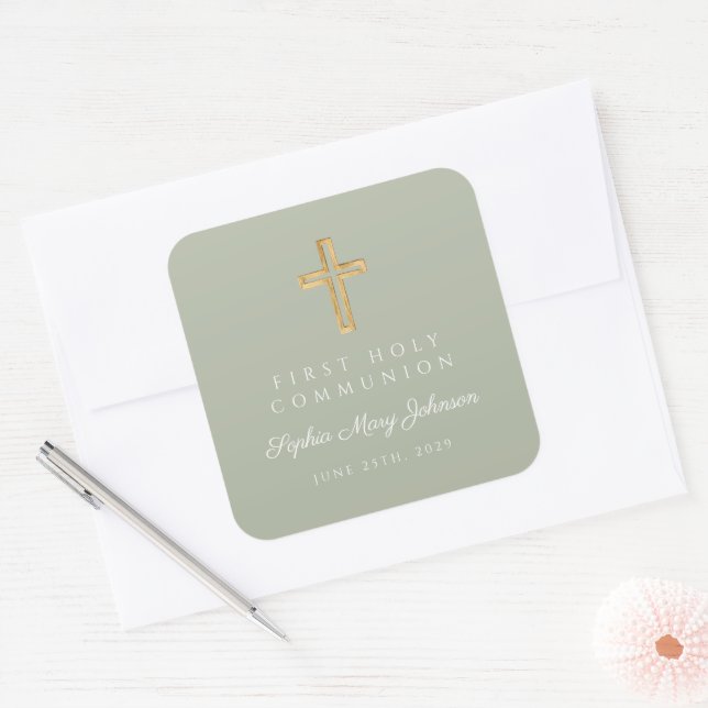 Sage Green Cross Boy First Communion  Square Sticker (Envelope)