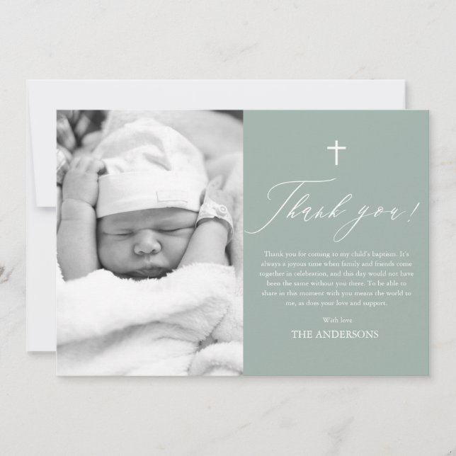 Sage Green Cross Boy Photo Baptism Thank You Card (Front)