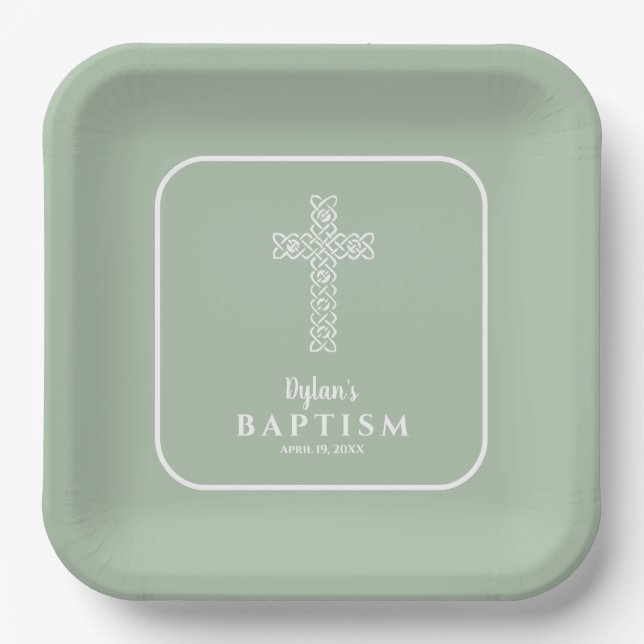 Sage Green Cross Communion Baptism Christening Paper Plate (Front)