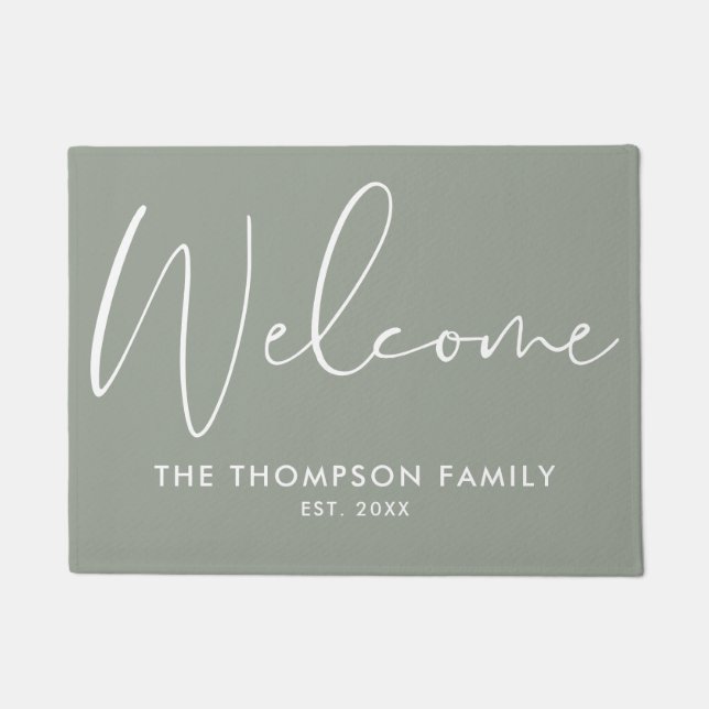 Sage Green Custom Family Name Welcome Doormat (Front)