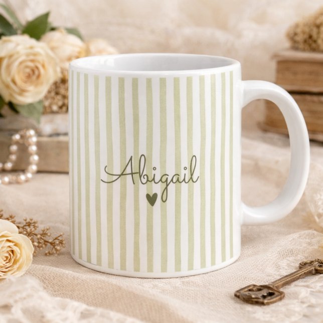 Sage Green Custom Name Striped Cup Gift For Her  (Creator Uploaded)