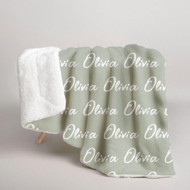 Sage Green Custom Sherpa Blanket for Mom or Nana (Custom name minimalist sage green blanket gift for mom, grandma, aunt, newlyweds, newborn, baby gift)