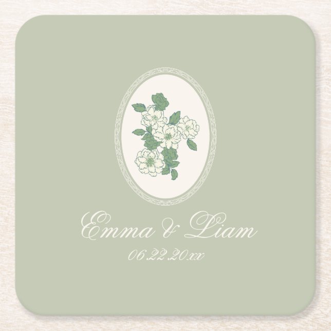 Sage Green Custom Wedding Paper Coasters (Front)
