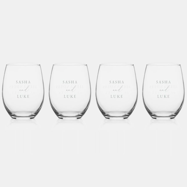 Sage Green Custom Wedding Personalized Stemless Wine Glass (Front)