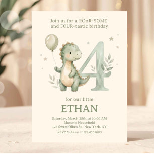 Sage Green Cute Dinosaur 4th Birthday Invitation