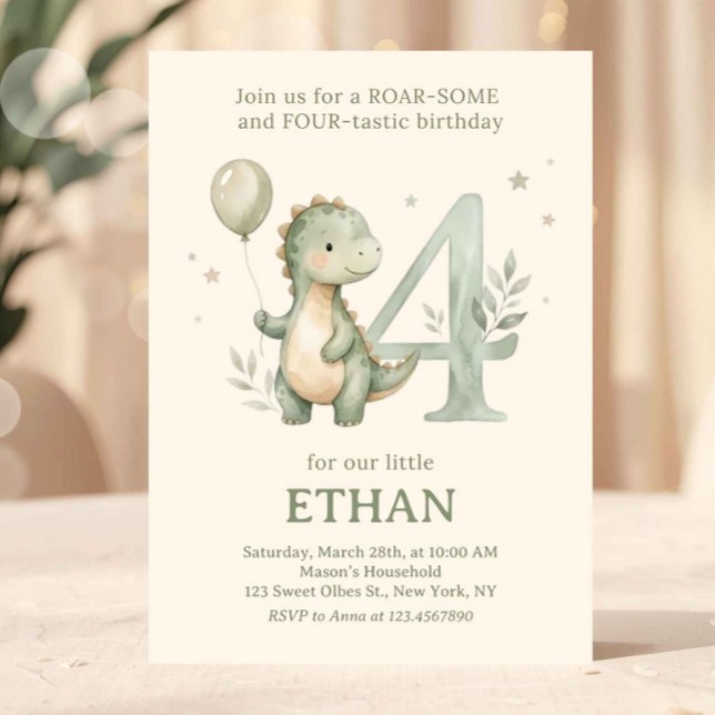 Sage Green Cute Dinosaur 4th Birthday Invitation (dinosaur birthday invitation, 4th birthday invite, dino party invitation, roarsome four invite, dino)