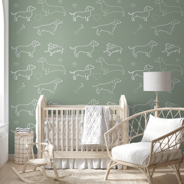 Sage Green Dachshund Dog Pattern Silhouette  Wallpaper (Kids)