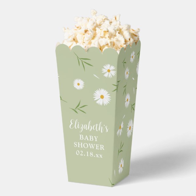Sage Green Daisies Gender Neutral Baby Shower Favor Box (Popped)
