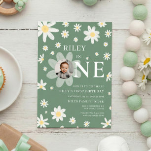 Sage Green Daisy First 1st Birthday Photo Invitation