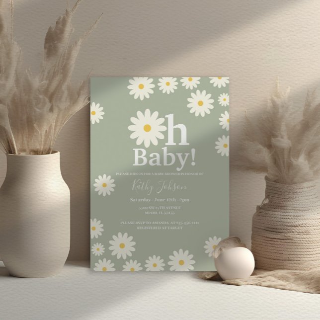 Sage Green Daisy Floral Bohemian Girl Baby Shower  Invitation (Creator Uploaded)