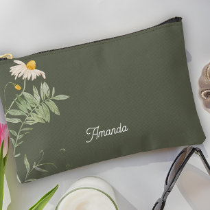 Sage Green Daisy Floral Minimal  Accessory Pouch