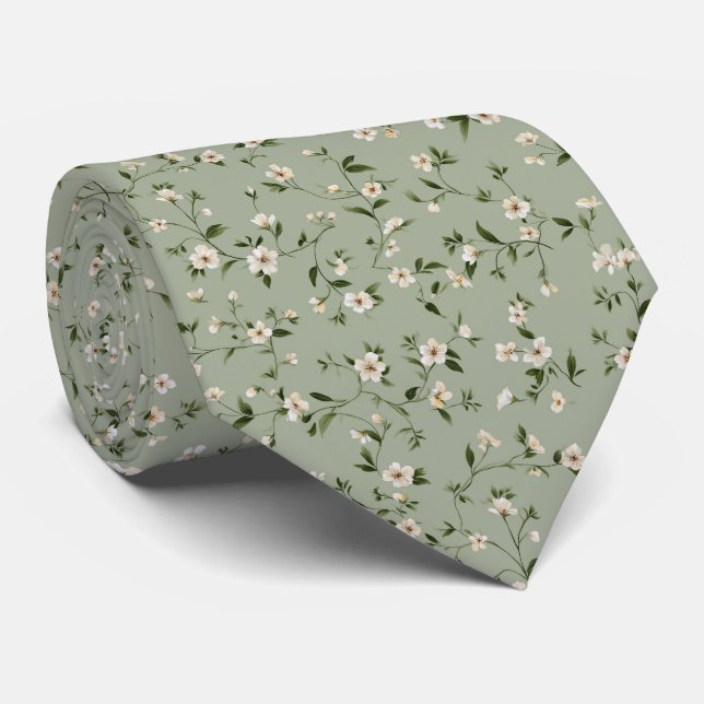 Sage Green Daisy Wildflower Personalized Wedding Tie (Rolled)