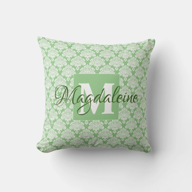 Sage Green Damask Coussin avec Monogram (Recto)