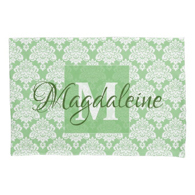 Sage Green Damask Pillow Case with Monogram (Front)