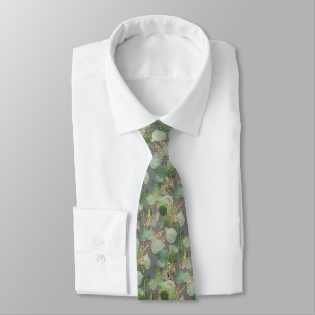 SAGE GREEN DARK GREY BOTANICAL MENS TIE (Tied)