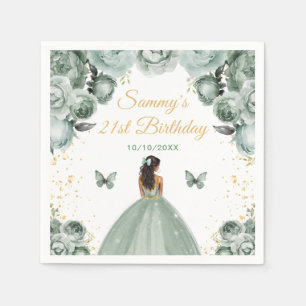 Sage Green Dark Skin Princess Birthday Party Napkin