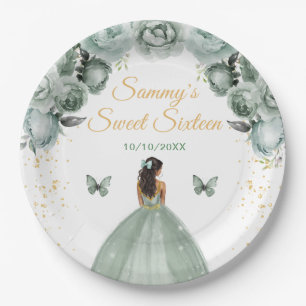 Sage Green Dark Skin Princess Sweet Sixteen Paper Plate