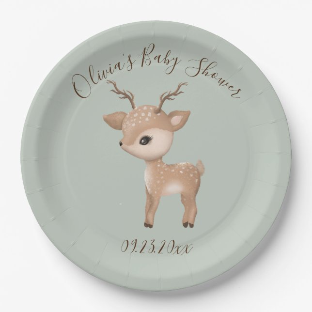Sage Green Deer Baby Shower Paper Plate (Front)