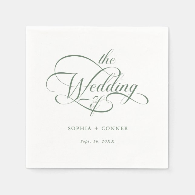 Sage Green Delicate Elegant Script Wedding Napkin (Front)