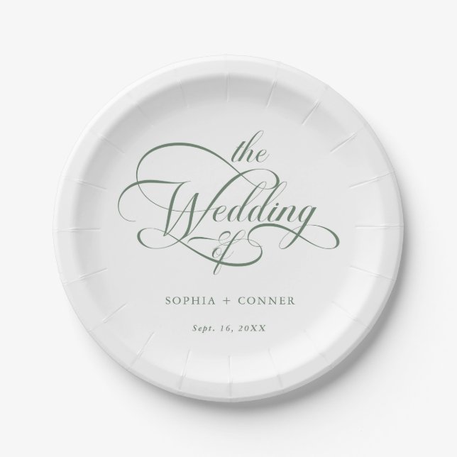 Sage Green Delicate Elegant Script Wedding Paper Plate (Front)