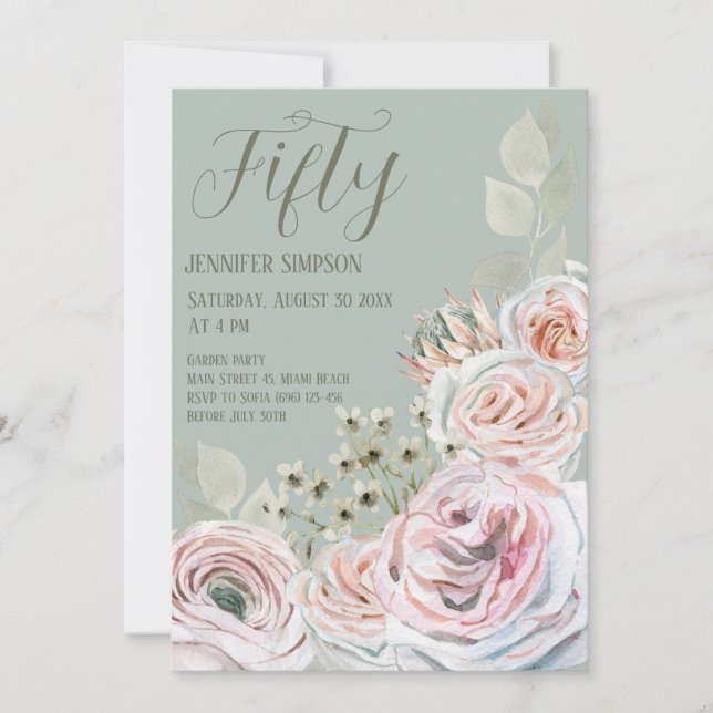 Sage green Delicate watercolor pale pink flowers Invitation (Front)