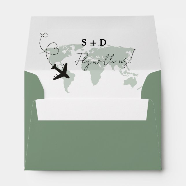 Sage Green Destination Airplaine World map Wedding Envelope (Back (Bottom))