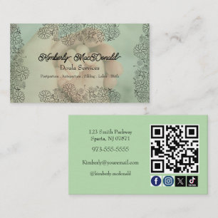 Sage Green doula script social icon QR code photo Business Card