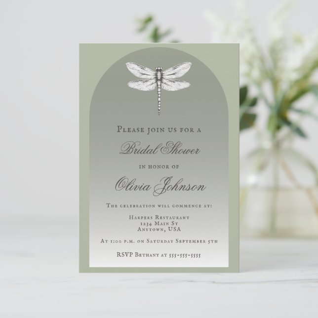 Sage Green Dragonfly Bridal Shower Invitation (Standing Front)