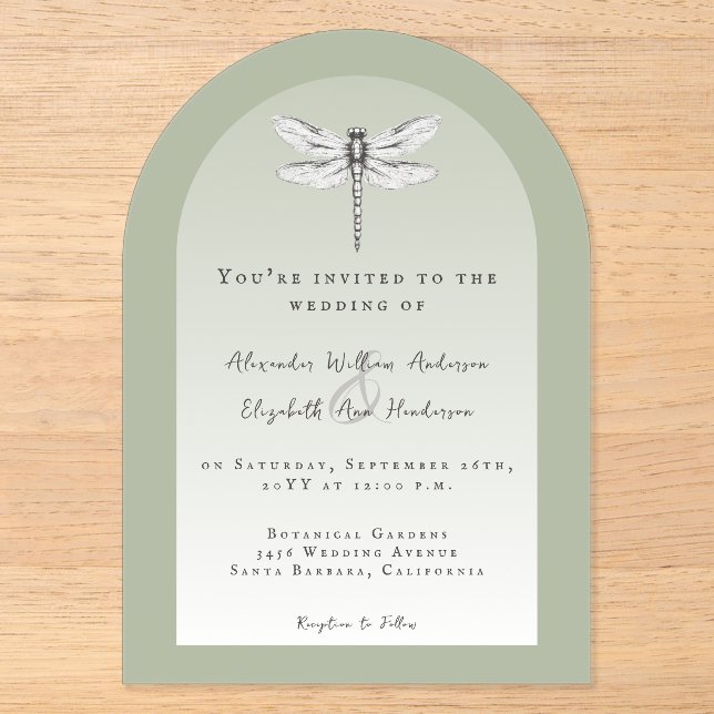 Sage Green Dragonfly Wedding Acrylic Invitations (Front)