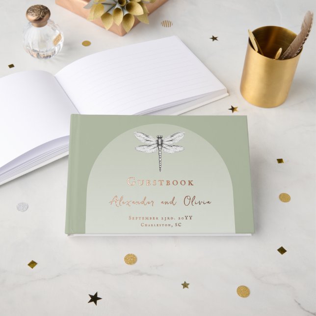 Sage Green Dragonfly Wedding Guest Book (Front Open)