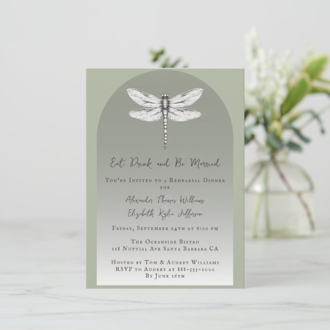 Sage Green Dragonfly Wedding Rehearsal Dinner Invitation (Standing Front)
