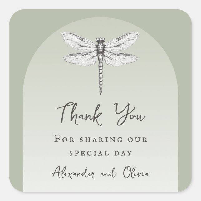 Sage Green Dragonfly Wedding Square Sticker (Front)