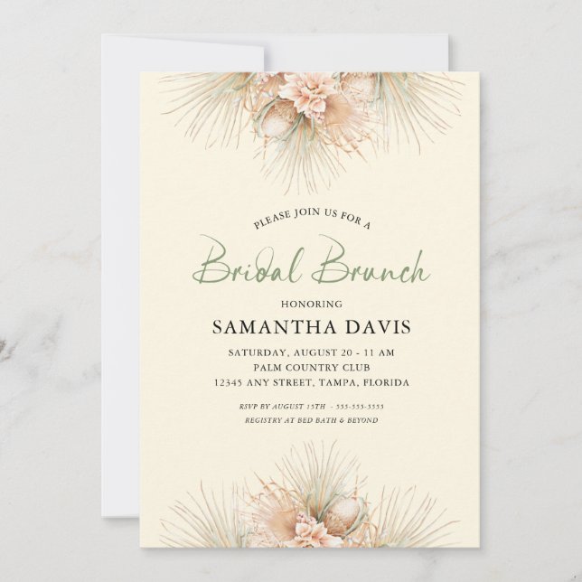 Sage Green Dried Palms Boho Bridal Brunch Invitation (Front)