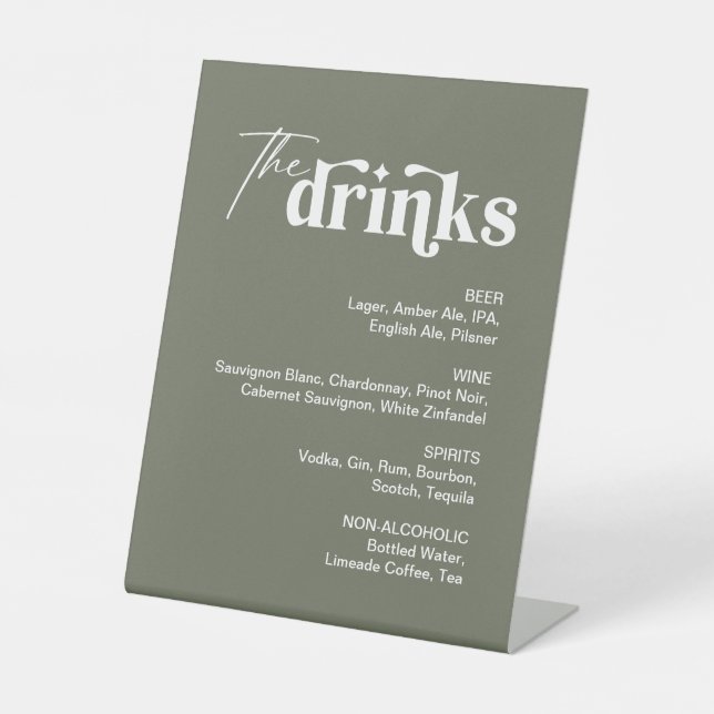 Sage Green Drink Wedding Bar Menu Pedestal Sign (Front)
