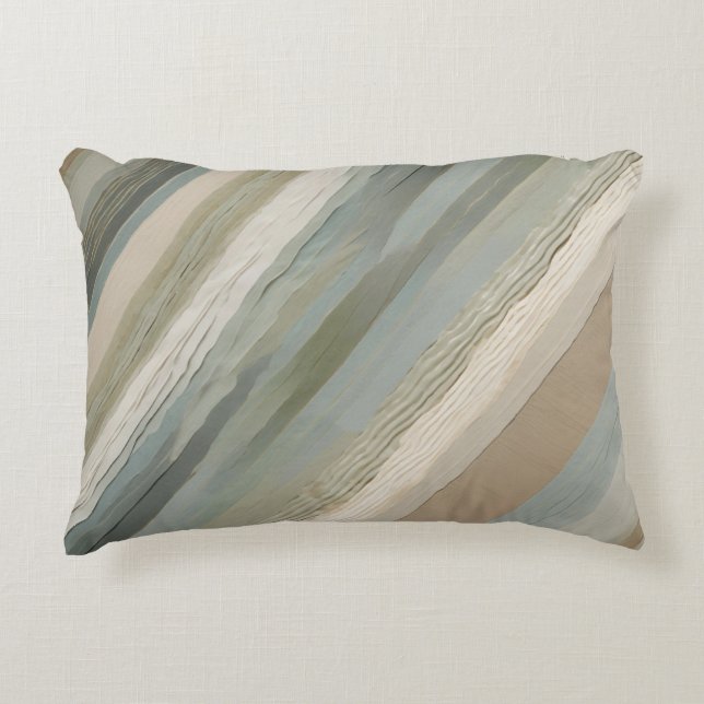 Sage Green Dusty Blue Beige Cream Abstract Stripe Accent Pillow (Front)