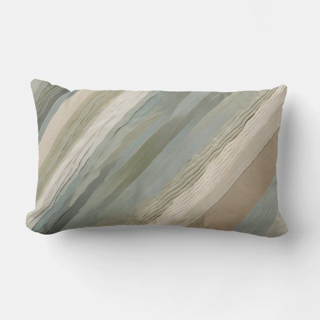 Sage Green Dusty Blue Beige Cream Abstract Stripe Lumbar Pillow (Front)