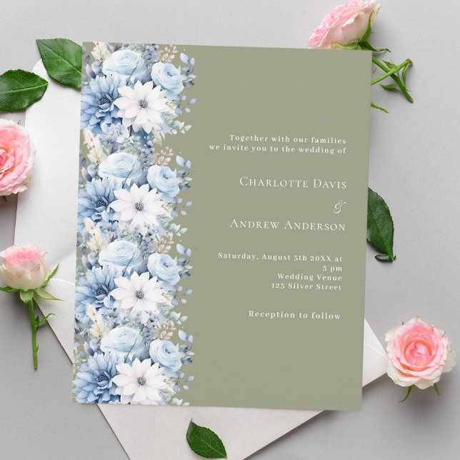 Sage green dusty blue floral wedding invitation (Creator Uploaded)