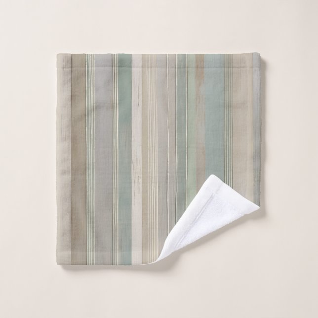 Sage Green Dusty Blue Taupe Grey Farmhouse Stripe Bath Towel Set (Wash Cloth)