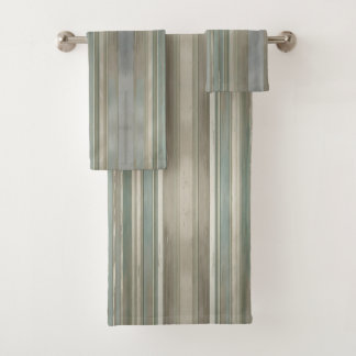 Sage Green Dusty Blue Taupe Grey Farmhouse Stripe Bath Towel Set