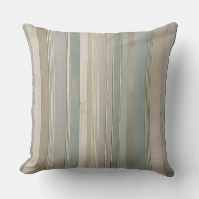 Sage Green Dusty Blue Taupe Grey Farmhouse Stripe Throw Pillow (Front)