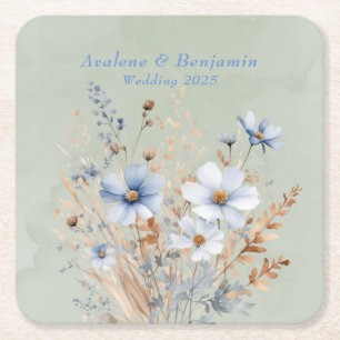 Sage Green Dusty Blue Wildflower Wedding Square Paper Coaster